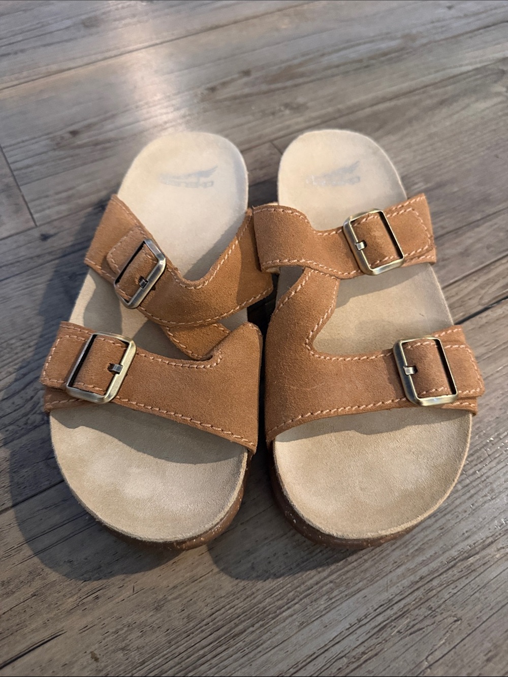 Dansko Women’s Double-Buckle Suede Slide Sandals in Tan